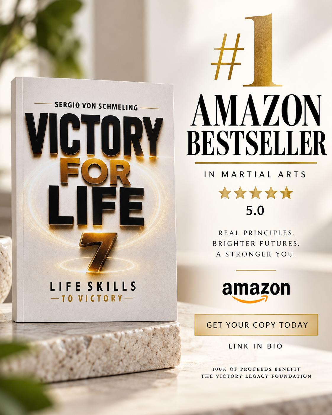 Victory For Life book launch artwork showing the cover and campaign bestseller and rating badges